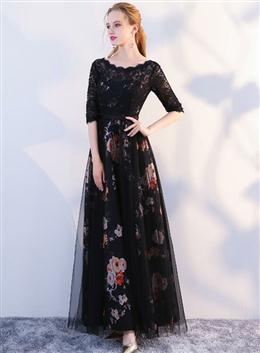 Picture of Black Color Satin and Lace A-line Tulle Floor Length Junior Prom Dresses, Black Color Formal Dress